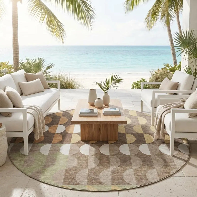 8' Coffee And Brown Round Geometric Washable Indoor Outdoor Area Rug Homeroots Outdoor