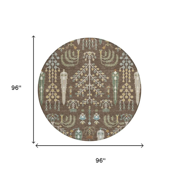 8' Coffee And Brown Round Oriental Washable Indoor Outdoor Area Rug Homeroots Outdoor