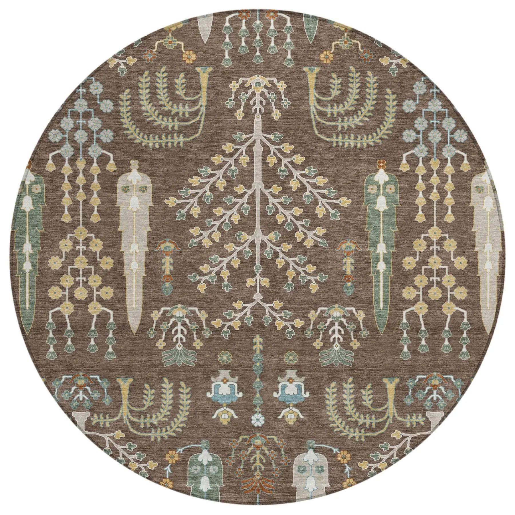 8' Coffee And Brown Round Oriental Washable Indoor Outdoor Area Rug Homeroots Outdoor