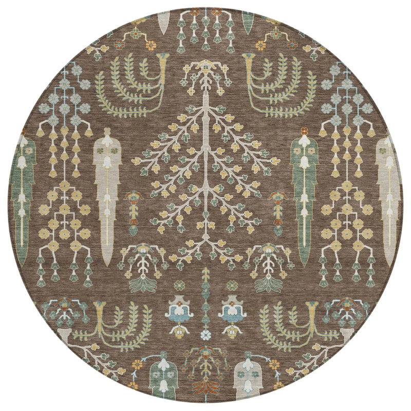 8' Coffee And Brown Round Oriental Washable Indoor Outdoor Area Rug Homeroots Outdoor