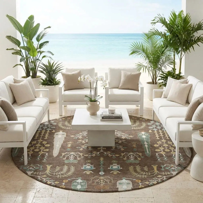 8' Coffee And Brown Round Oriental Washable Indoor Outdoor Area Rug Homeroots Outdoor