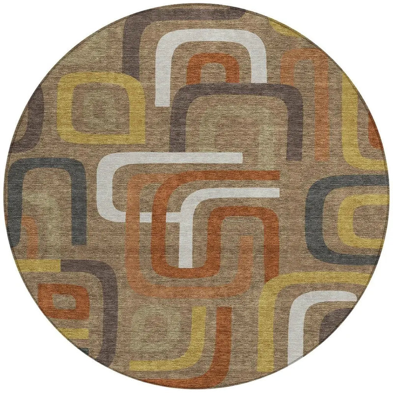 8' Coffee And Chocolate Round Geometric Washable Indoor Outdoor Area Rug Homeroots Outdoor