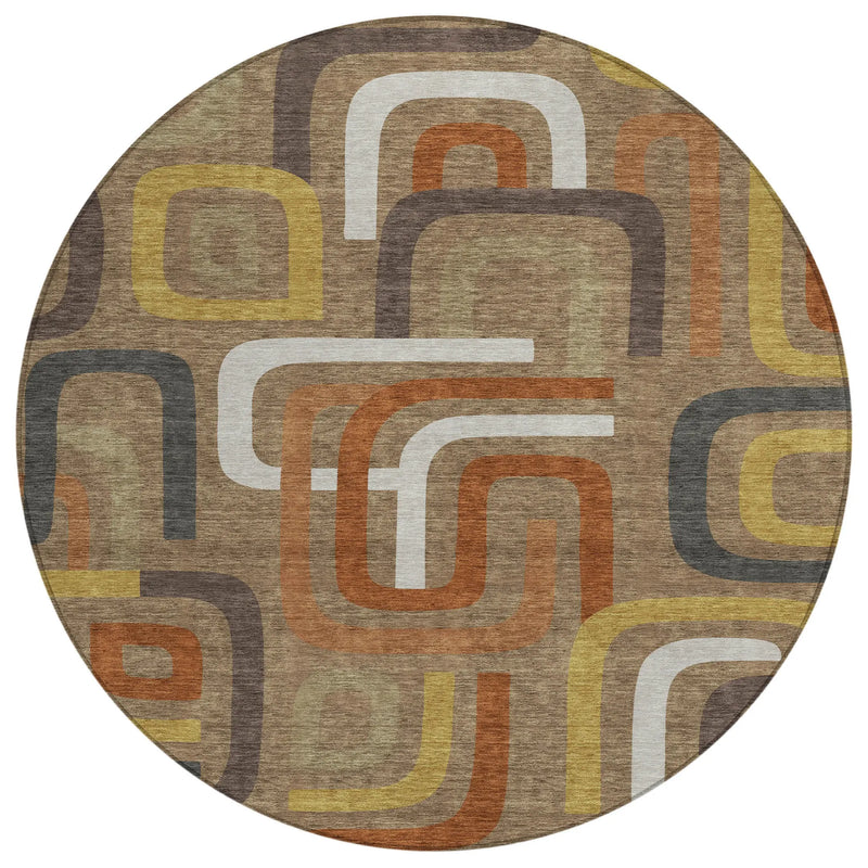 8' Coffee And Chocolate Round Geometric Washable Indoor Outdoor Area Rug Homeroots Outdoor