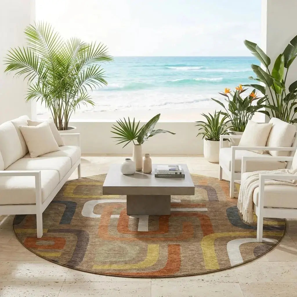 8' Coffee And Chocolate Round Geometric Washable Indoor Outdoor Area Rug Homeroots Outdoor