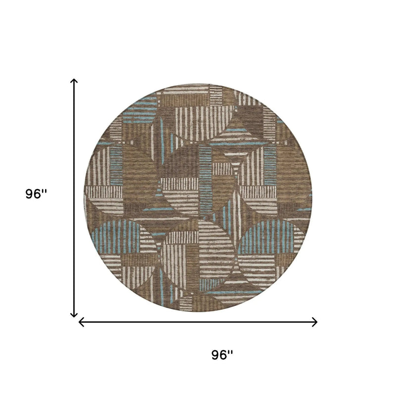 8' Coffee And Graphite Round Geometric Washable Indoor Outdoor Area Rug Homeroots Outdoor