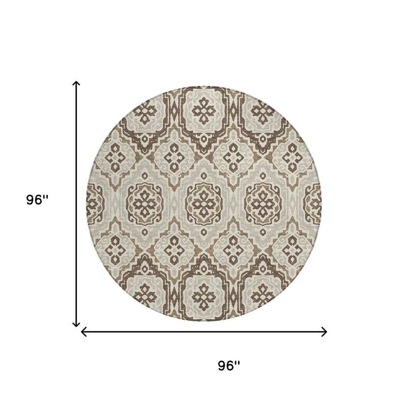 8' Coffee And Gray Round Tribal Washable Indoor Outdoor Area Rug Homeroots Outdoor