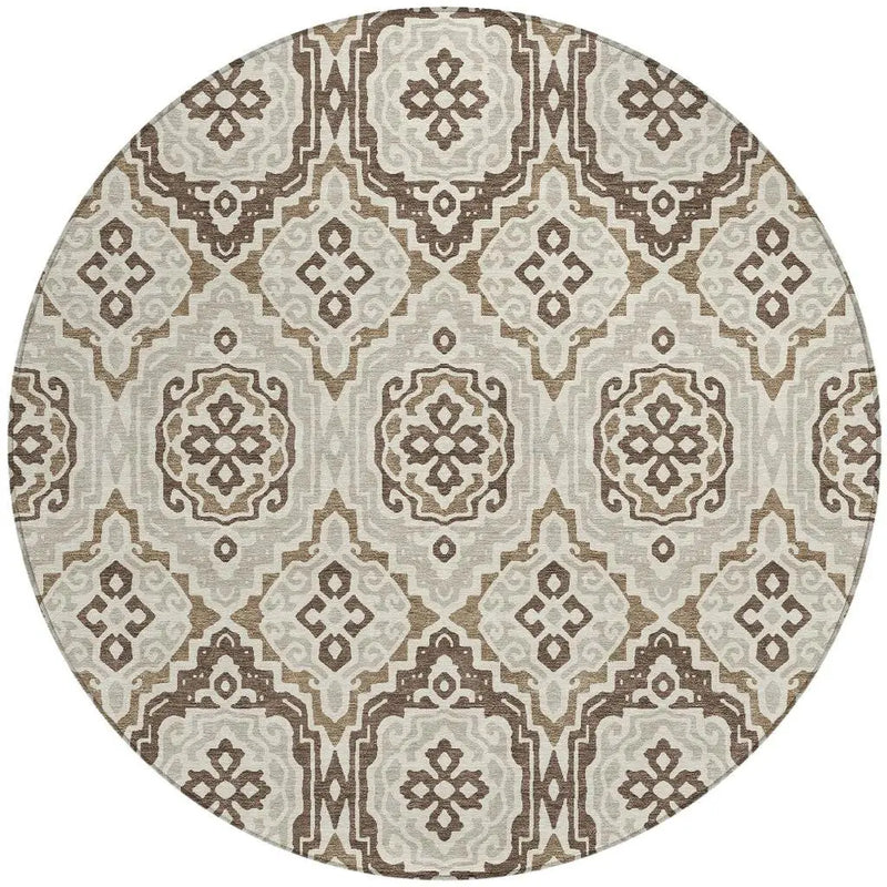 8' Coffee And Gray Round Tribal Washable Indoor Outdoor Area Rug Homeroots Outdoor