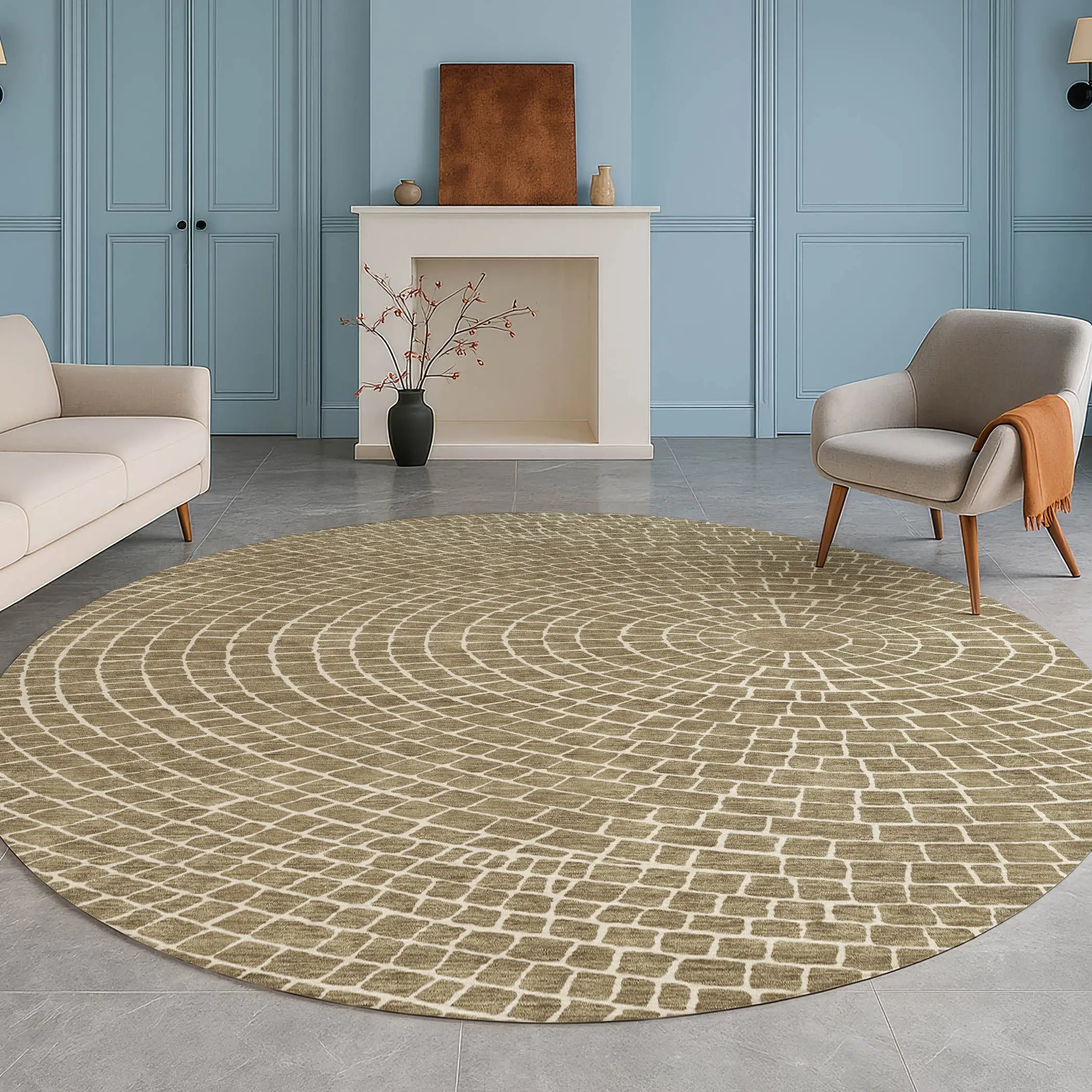 8' Coffee And Ivory Round Geometric Washable Indoor Outdoor Area Rug Homeroots Outdoor