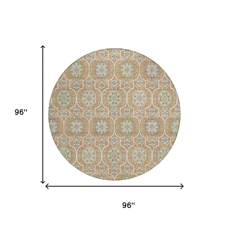 8' Copper And Beige Round Floral Medallion Washable Indoor Outdoor Area Rug Homeroots Outdoor