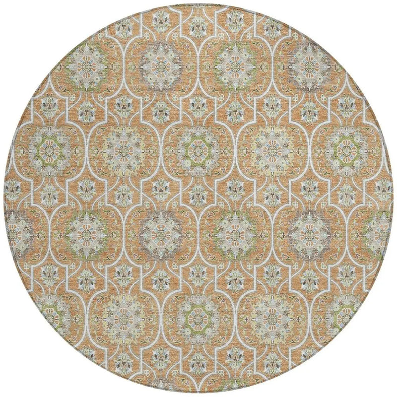 8' Copper And Beige Round Floral Medallion Washable Indoor Outdoor Area Rug Homeroots Outdoor