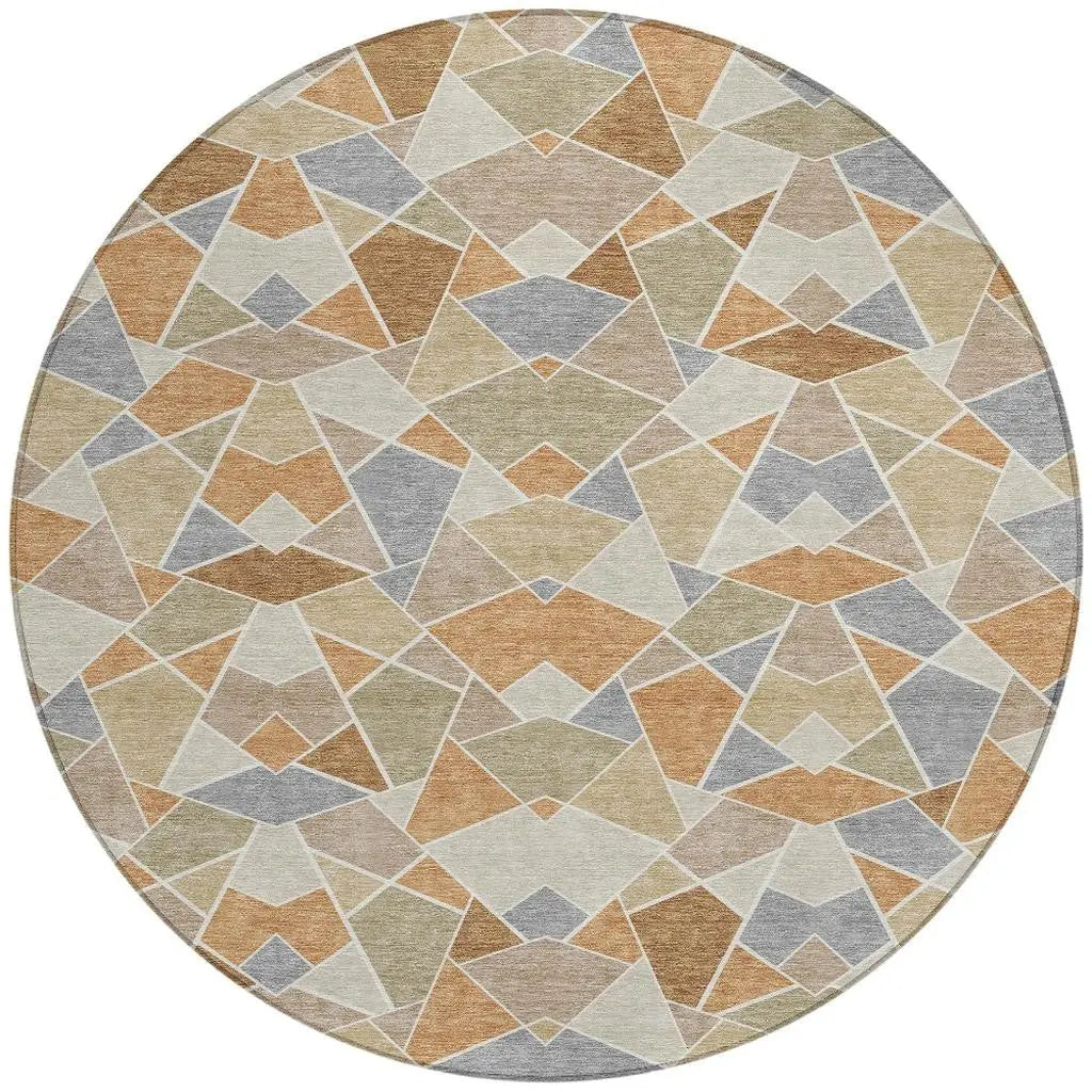 8' Copper And Beige Round Geometric Washable Indoor Outdoor Area Rug Homeroots Outdoor