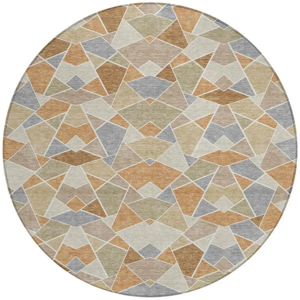 8' Copper And Beige Round Geometric Washable Indoor Outdoor Area Rug Homeroots Outdoor