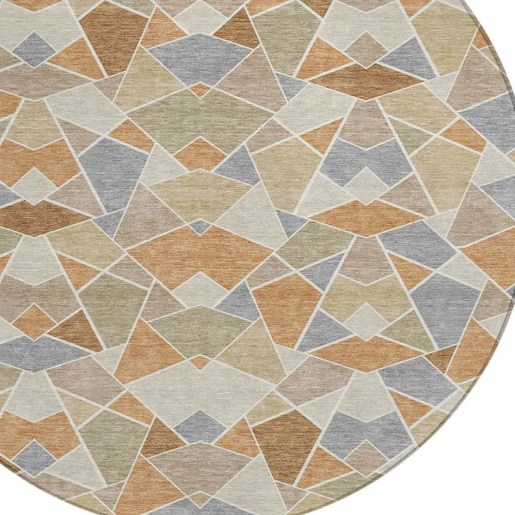 8' Copper And Beige Round Geometric Washable Indoor Outdoor Area Rug Homeroots Outdoor