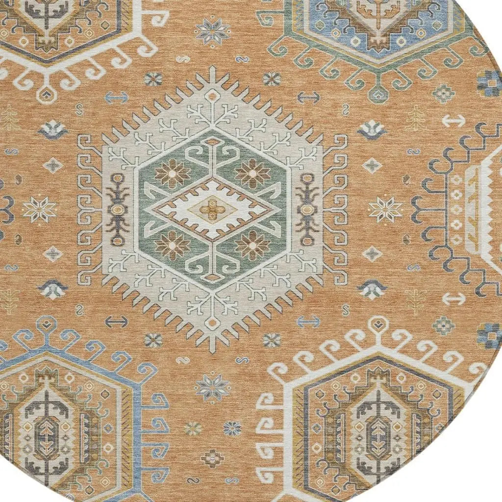 8' Copper And Beige Round Tribal Washable Indoor Outdoor Area Rug Homeroots Outdoor