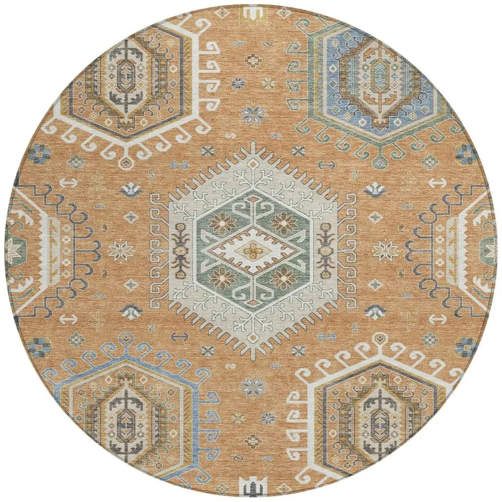 8' Copper And Beige Round Tribal Washable Indoor Outdoor Area Rug Homeroots Outdoor