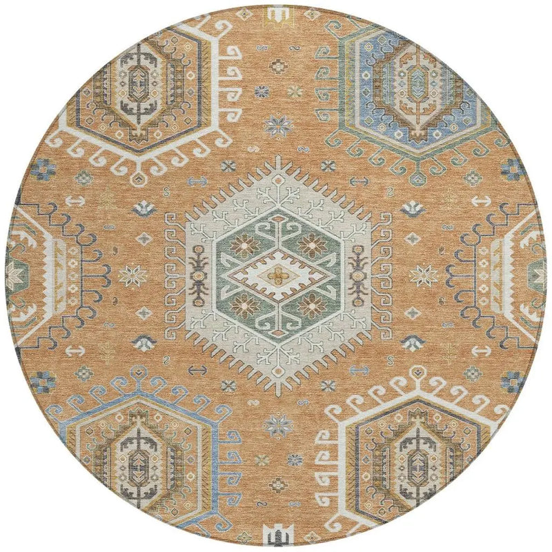 8' Copper And Beige Round Tribal Washable Indoor Outdoor Area Rug Homeroots Outdoor
