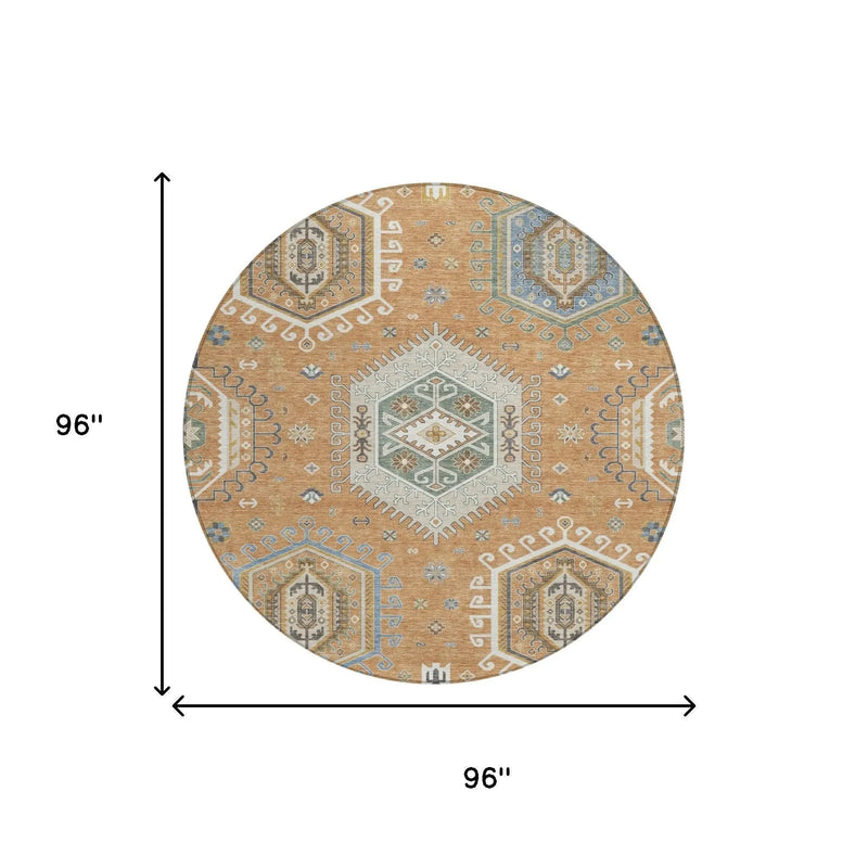8' Copper And Beige Round Tribal Washable Indoor Outdoor Area Rug Homeroots Outdoor
