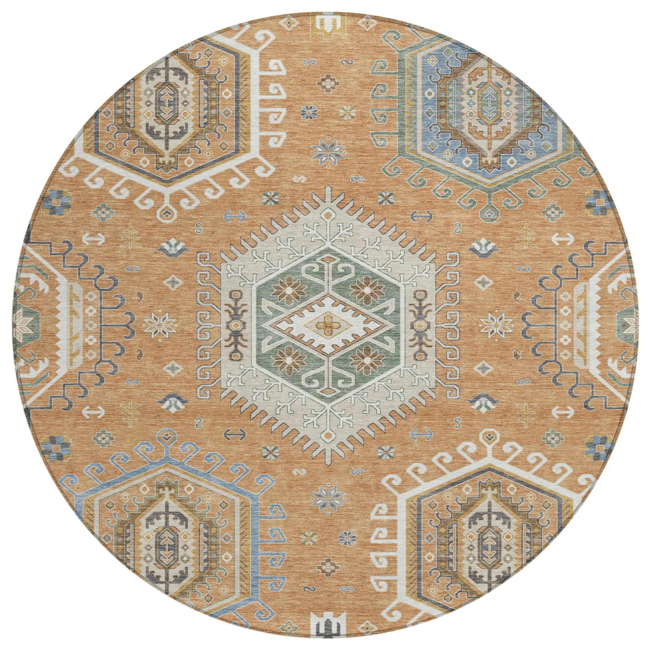 8' Copper And Beige Round Tribal Washable Indoor Outdoor Area Rug Homeroots Outdoor