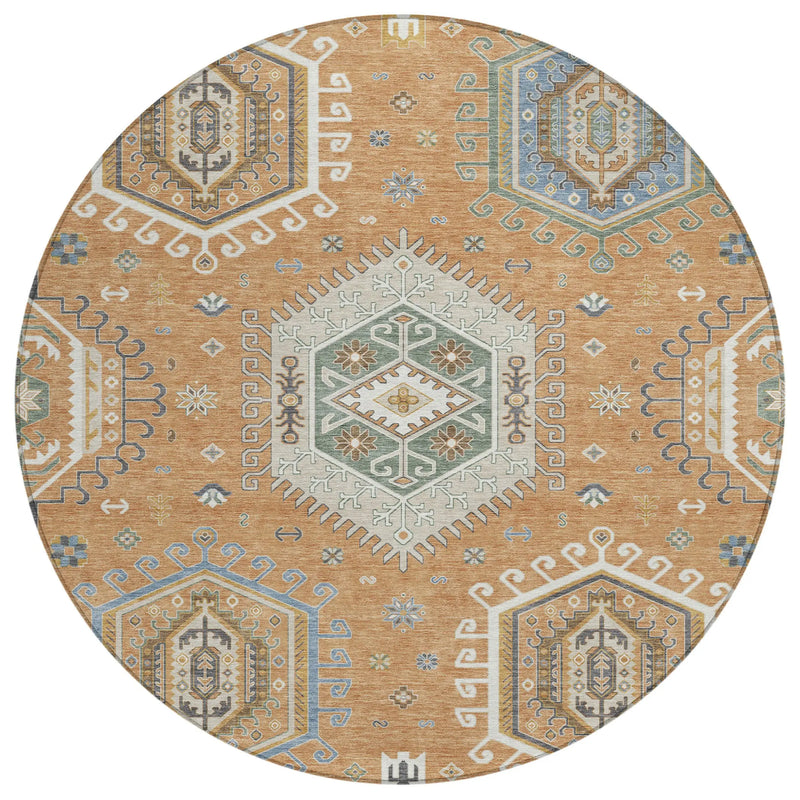 8' Copper And Beige Round Tribal Washable Indoor Outdoor Area Rug Homeroots Outdoor