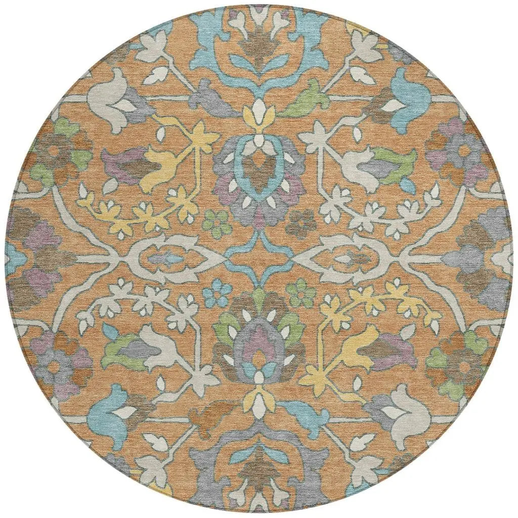 8' Copper And Blue Round Floral Washable Indoor Outdoor Area Rug Homeroots Outdoor