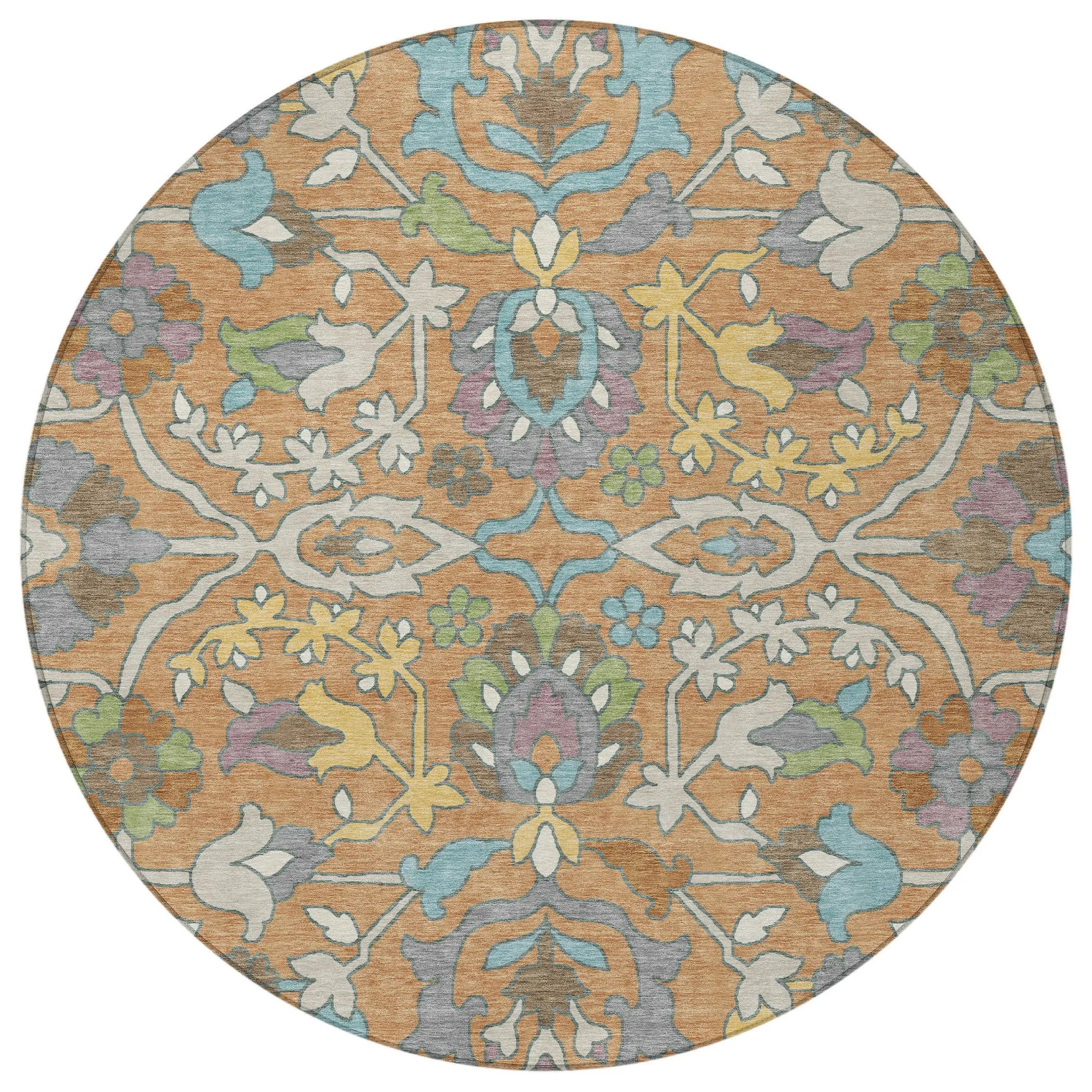 8' Copper And Blue Round Floral Washable Indoor Outdoor Area Rug Homeroots Outdoor