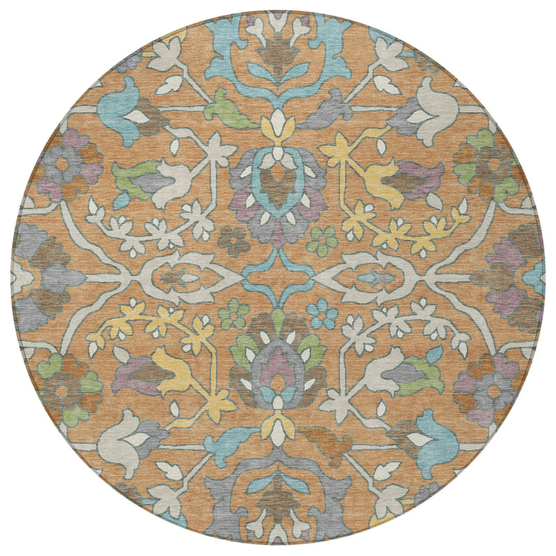8' Copper And Blue Round Floral Washable Indoor Outdoor Area Rug Homeroots Outdoor