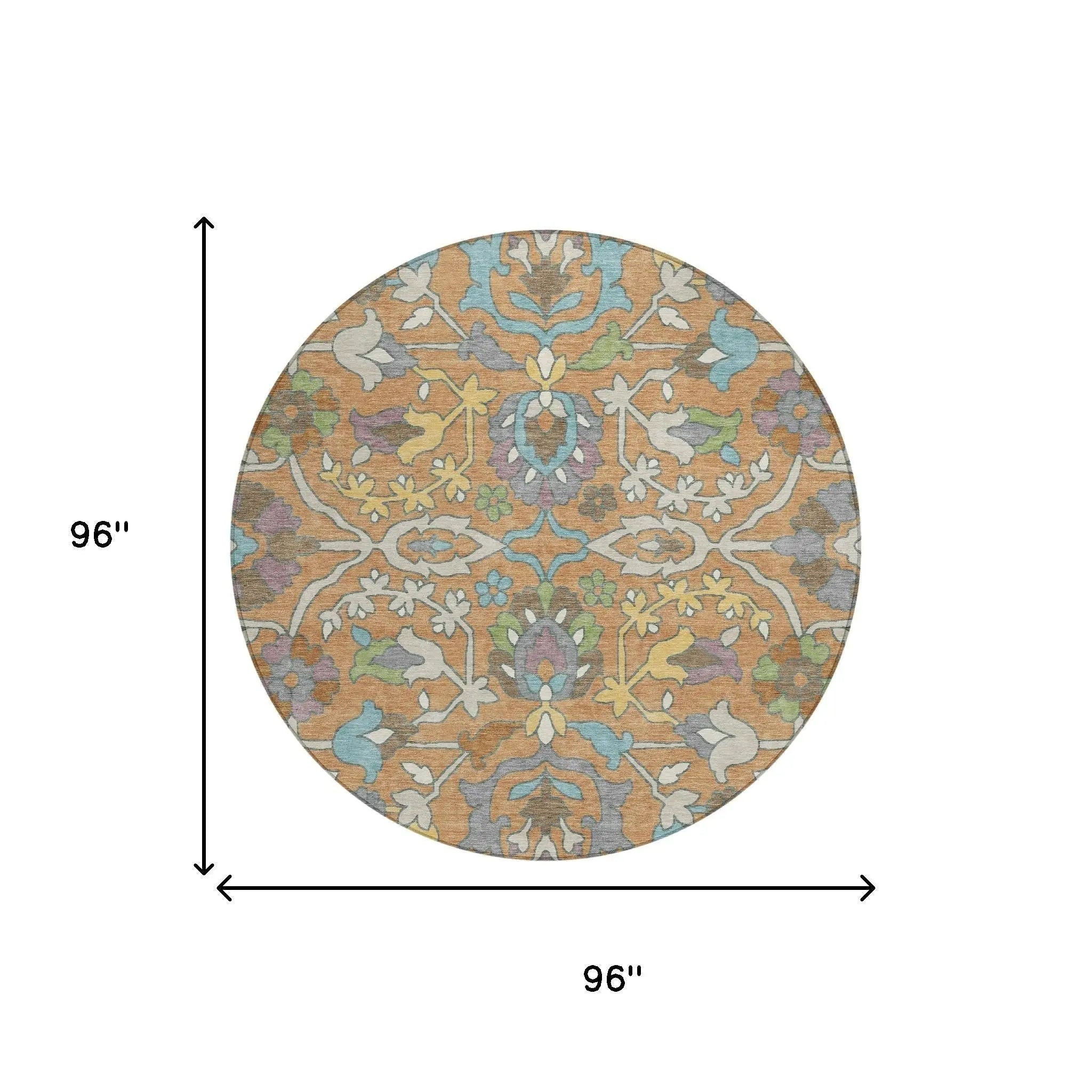 8' Copper And Blue Round Floral Washable Indoor Outdoor Area Rug Homeroots Outdoor
