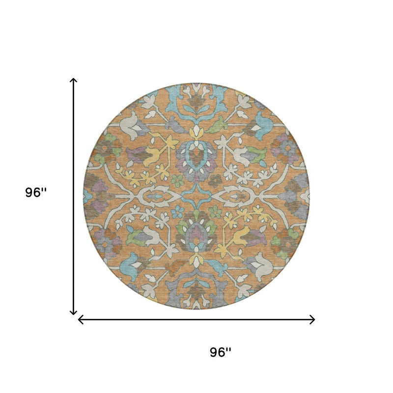 8' Copper And Blue Round Floral Washable Indoor Outdoor Area Rug Homeroots Outdoor