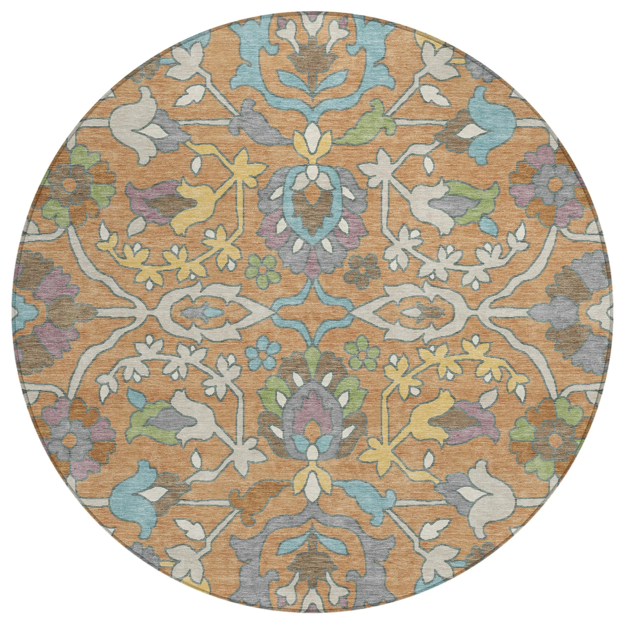 8' Copper And Blue Round Floral Washable Indoor Outdoor Area Rug Homeroots Outdoor