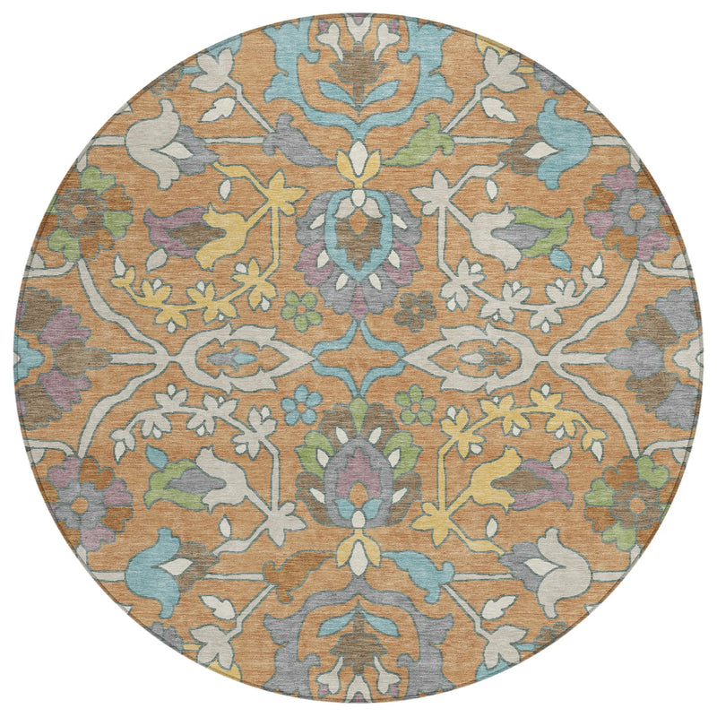 8' Copper And Blue Round Floral Washable Indoor Outdoor Area Rug Homeroots Outdoor