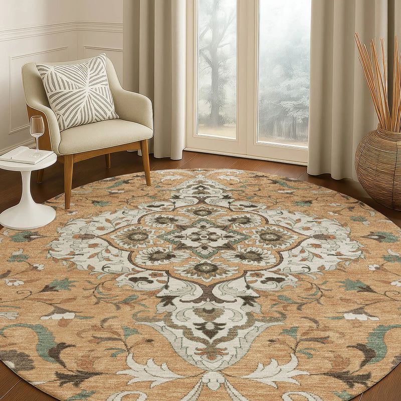 8' Copper And Blue Round Medallion Washable Indoor Outdoor Area Rug Homeroots Outdoor