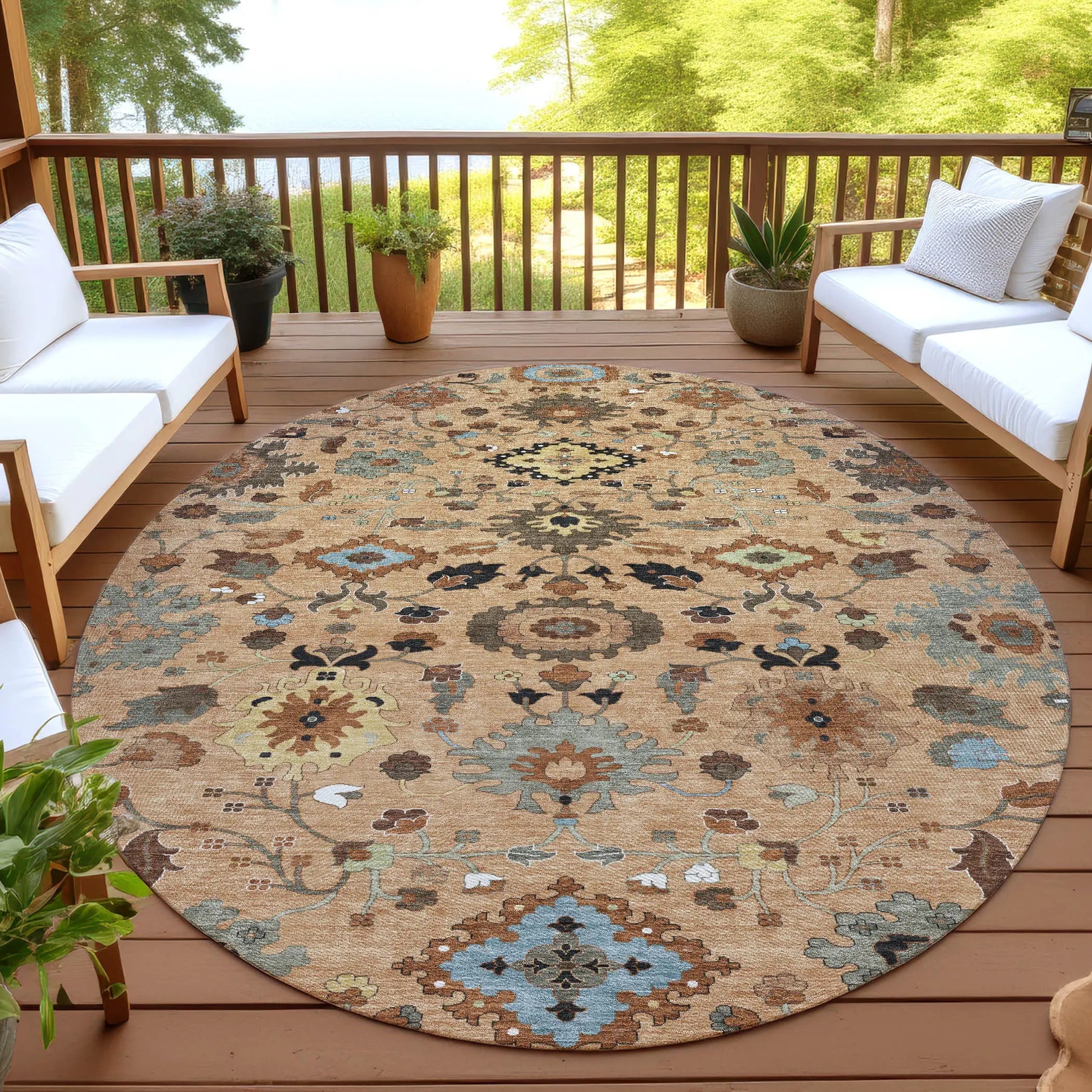 8' Copper And Brown Round Floral Medallion Washable Indoor Outdoor Area Rug Homeroots Outdoor
