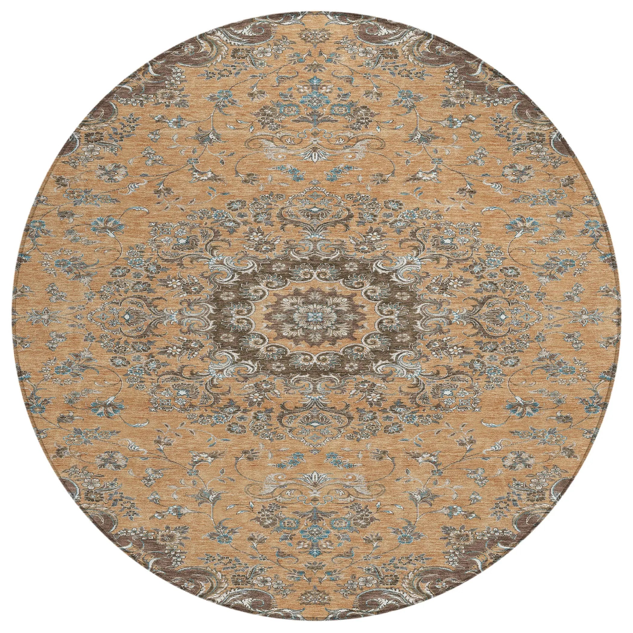 8' Copper And Chocolate Round Floral Medallion Washable Indoor Outdoor Area Rug Homeroots Outdoor