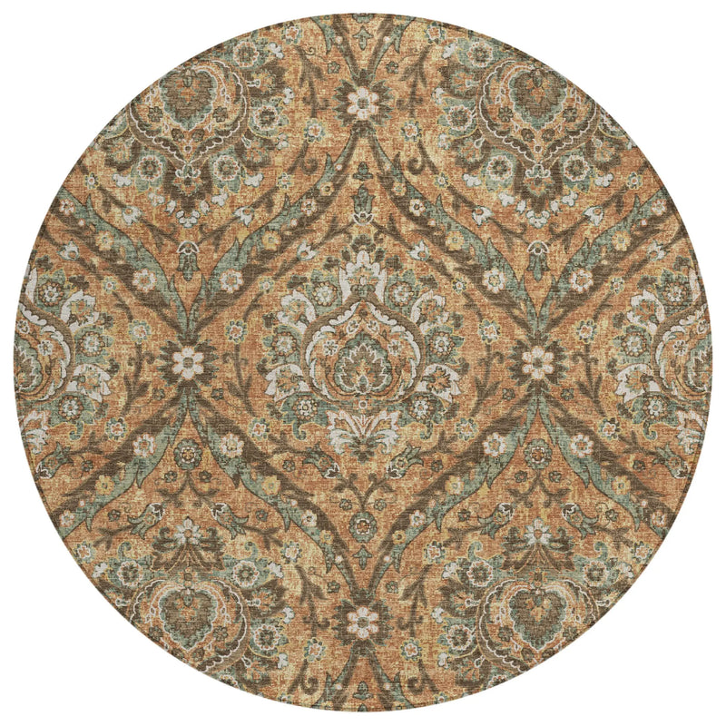 8' Copper And Gold Round Floral Washable Indoor Outdoor Area Rug Homeroots Outdoor