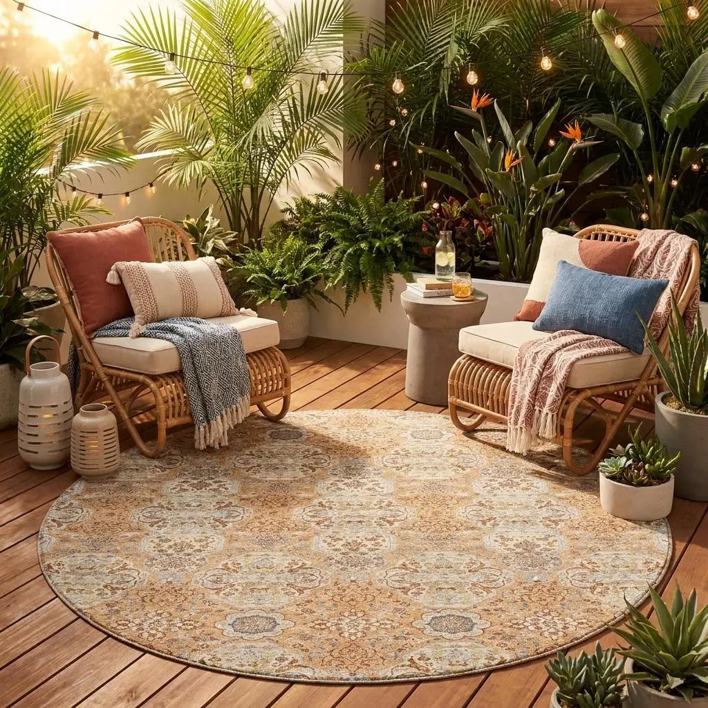 8' Copper And Gold Round Floral Washable Indoor Outdoor Area Rug Homeroots Outdoor