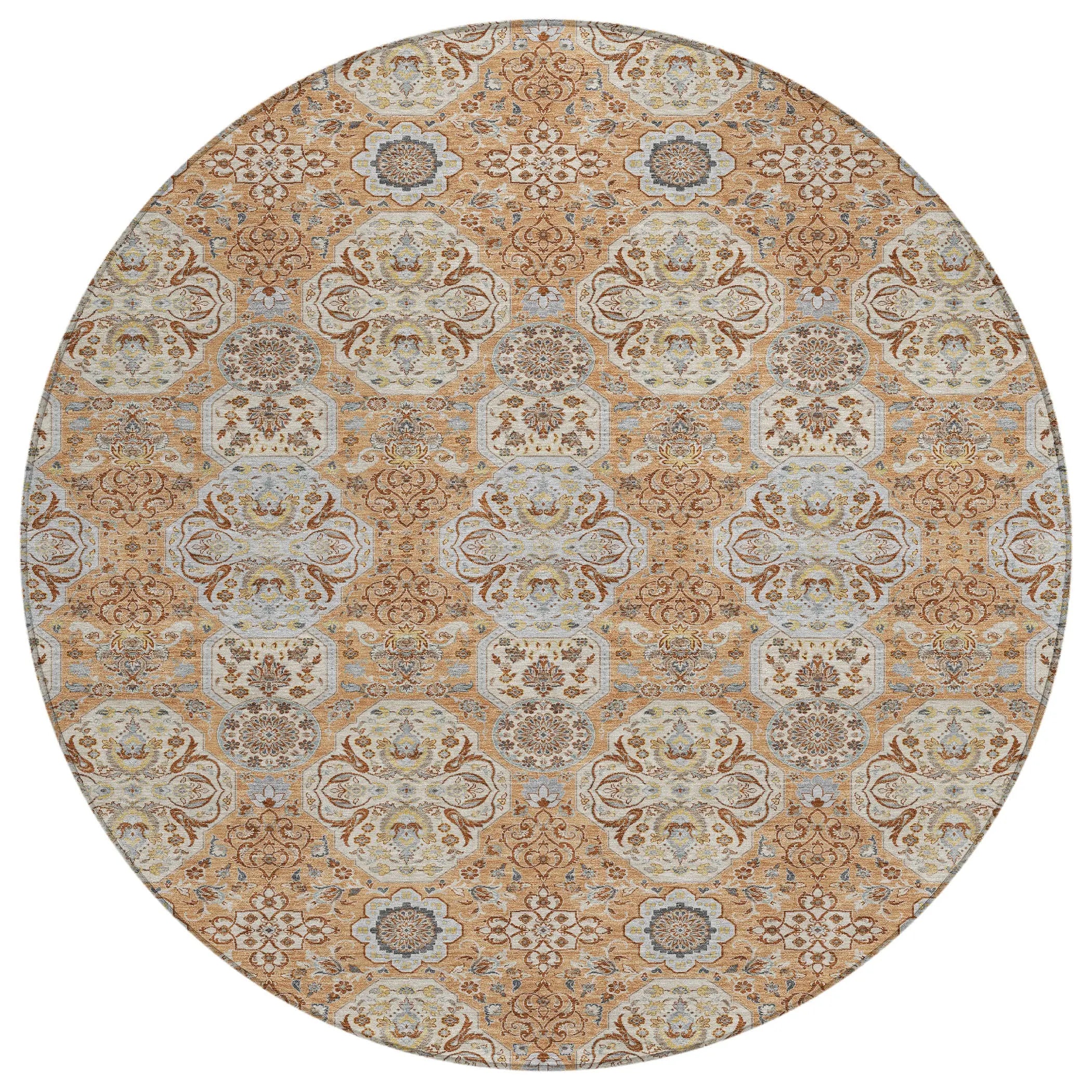 8' Copper And Gold Round Floral Washable Indoor Outdoor Area Rug Homeroots Outdoor