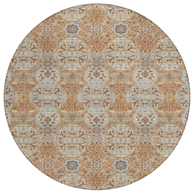 8' Copper And Gold Round Floral Washable Indoor Outdoor Area Rug Homeroots Outdoor