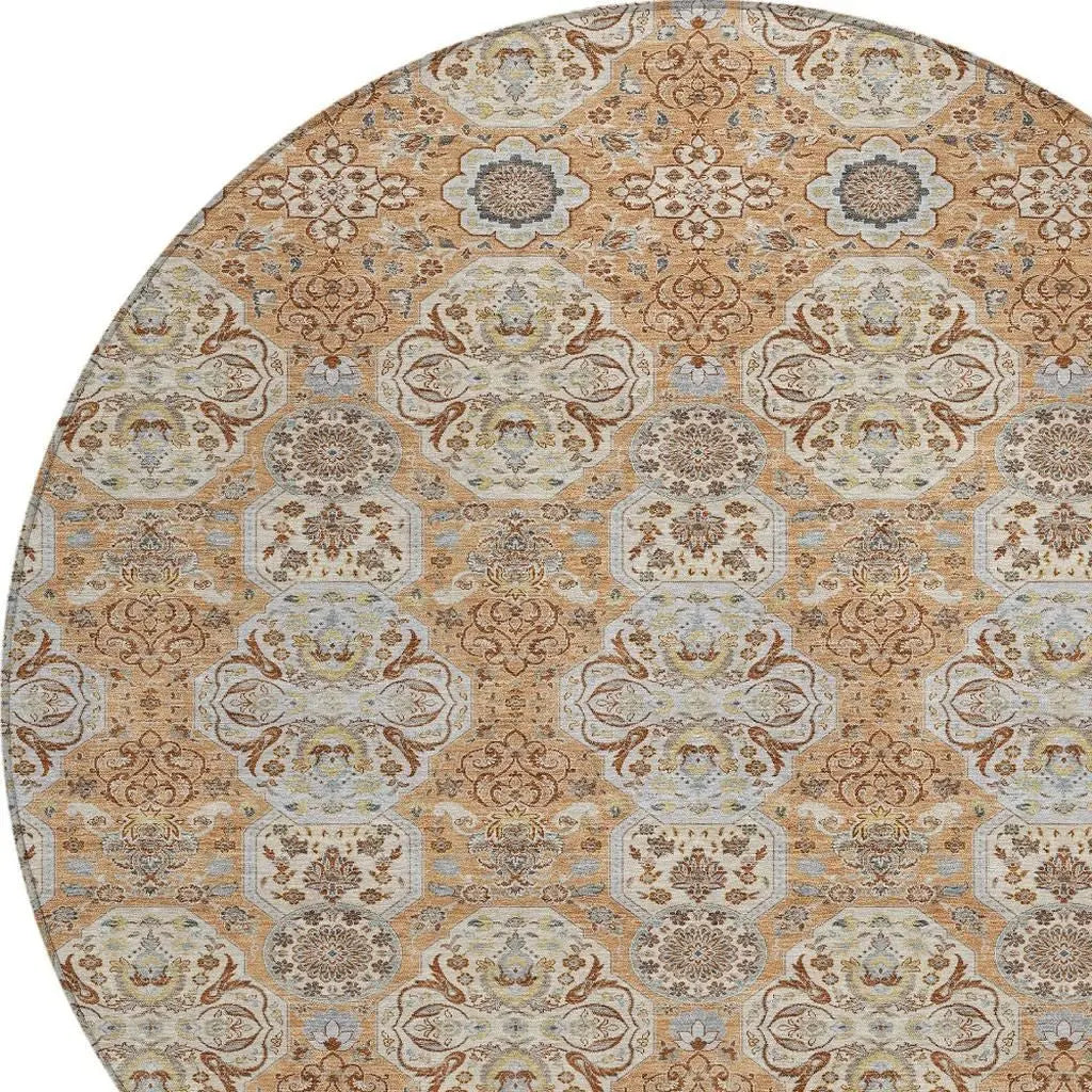 8' Copper And Gold Round Floral Washable Indoor Outdoor Area Rug Homeroots Outdoor