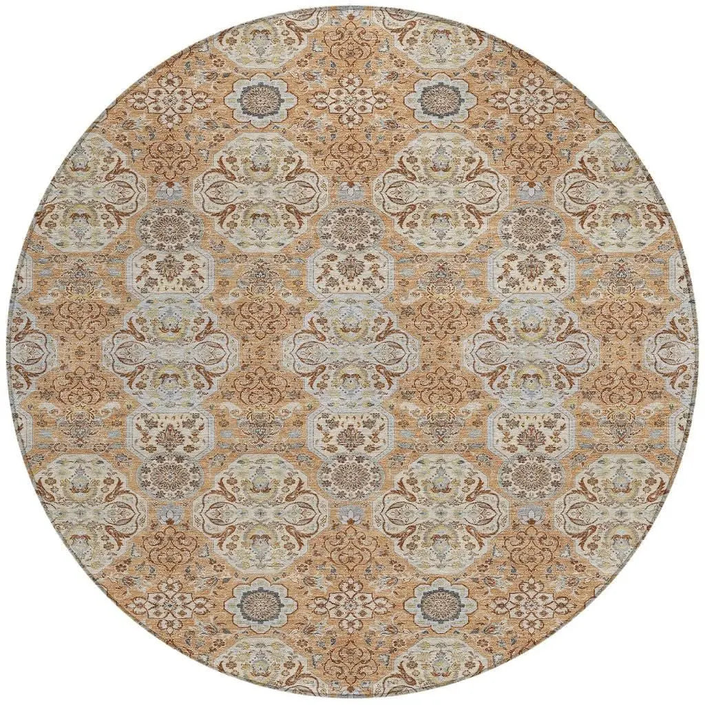 8' Copper And Gold Round Floral Washable Indoor Outdoor Area Rug Homeroots Outdoor