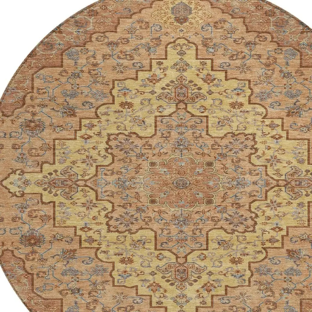 8' Copper And Gold Round Medallion Washable Indoor Outdoor Area Rug Homeroots Outdoor