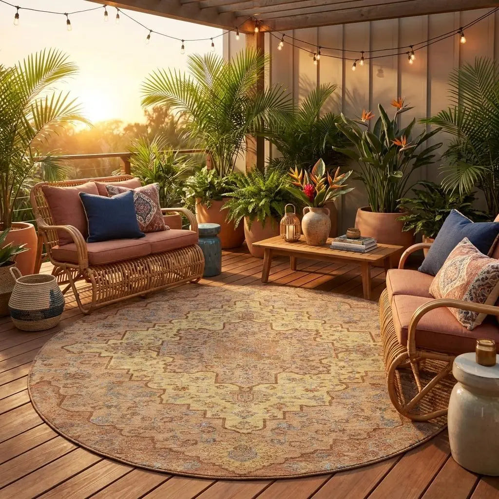 8' Copper And Gold Round Medallion Washable Indoor Outdoor Area Rug Homeroots Outdoor