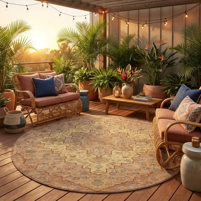 8' Copper And Gold Round Medallion Washable Indoor Outdoor Area Rug Homeroots Outdoor