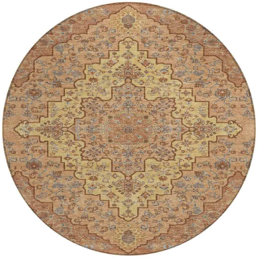 8' Copper And Gold Round Medallion Washable Indoor Outdoor Area Rug Homeroots Outdoor