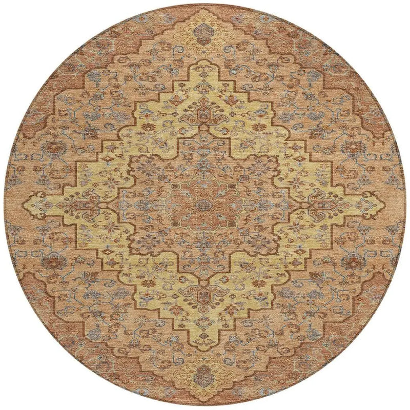 8' Copper And Gold Round Medallion Washable Indoor Outdoor Area Rug Homeroots Outdoor