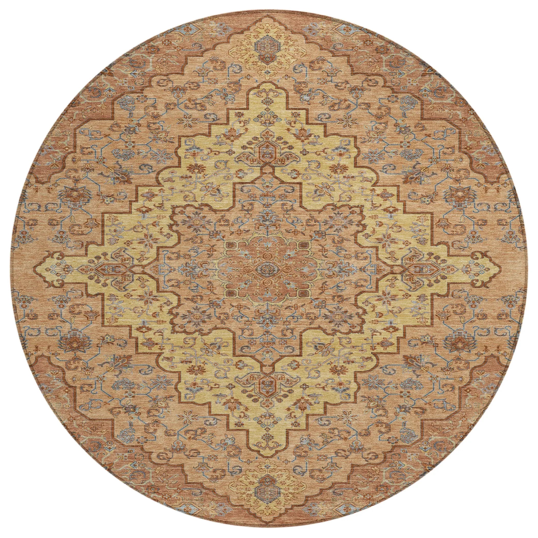 8' Copper And Gold Round Medallion Washable Indoor Outdoor Area Rug Homeroots Outdoor