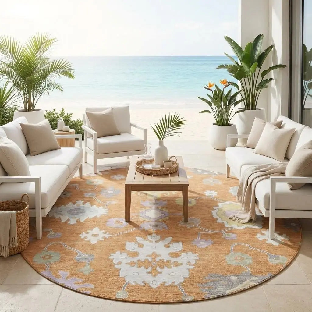 8' Copper And Gold Round Oriental Washable Indoor Outdoor Area Rug Homeroots Outdoor