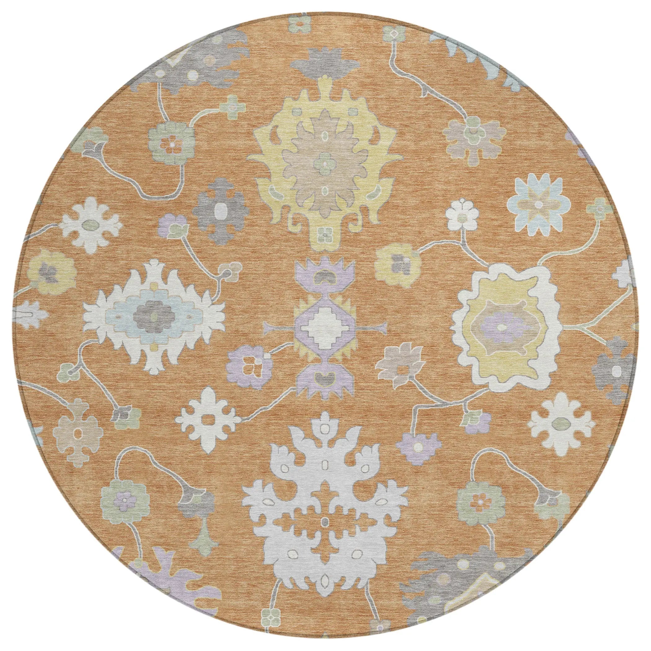 8' Copper And Gold Round Oriental Washable Indoor Outdoor Area Rug Homeroots Outdoor