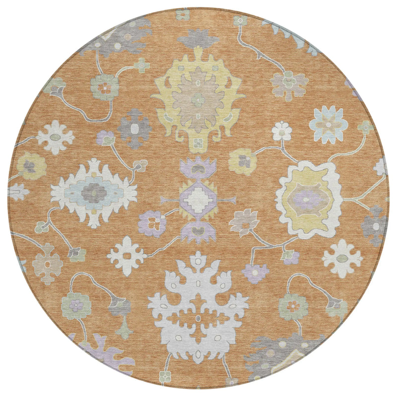 8' Copper And Gold Round Oriental Washable Indoor Outdoor Area Rug Homeroots Outdoor