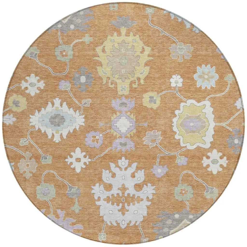 8' Copper And Gold Round Oriental Washable Indoor Outdoor Area Rug Homeroots Outdoor