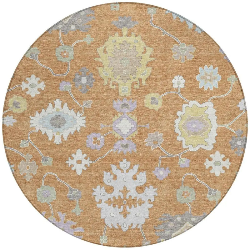 8' Copper And Gold Round Oriental Washable Indoor Outdoor Area Rug Homeroots Outdoor